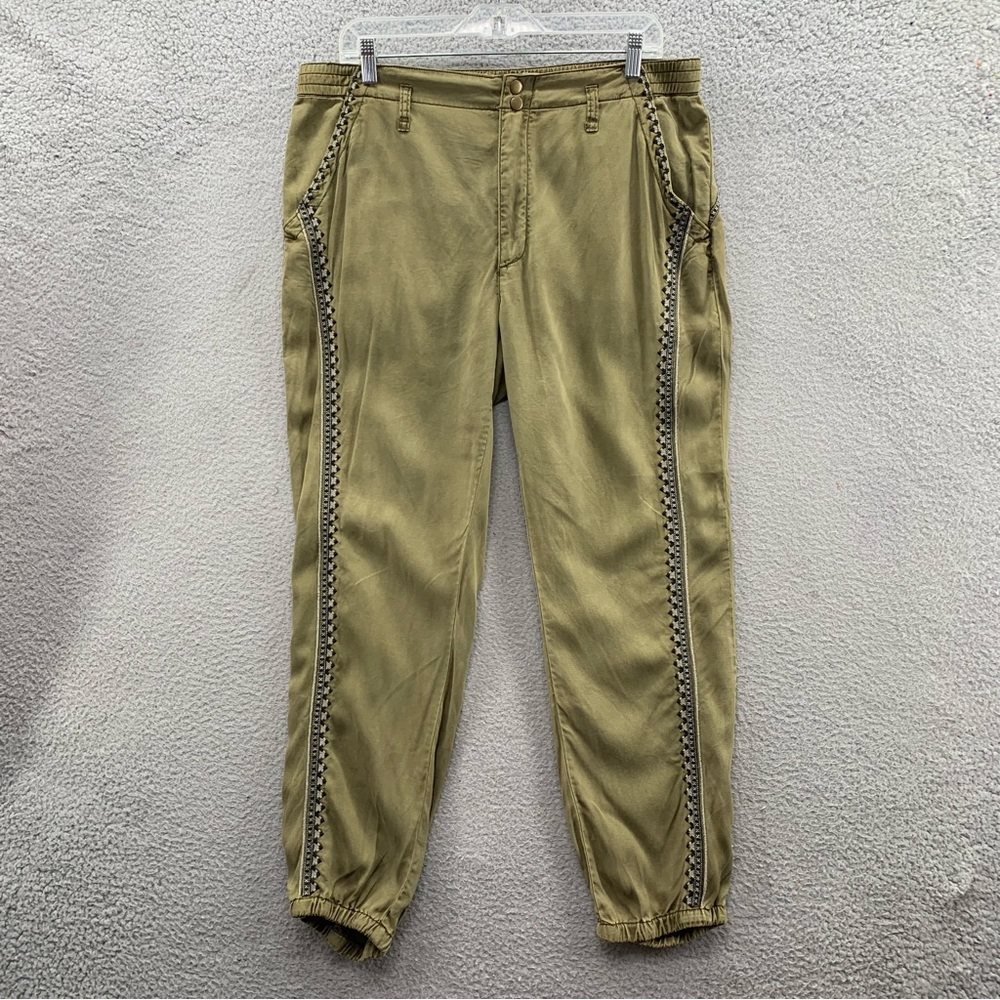 Anthropologie Women’s L Khaki Green Embroidered Side Trim Relaxed Ankle Pants